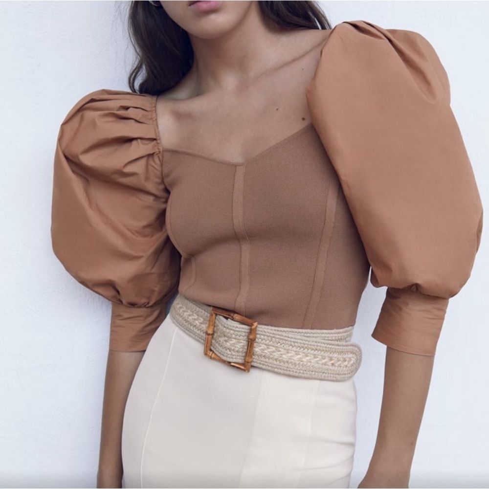 Zara Poplin corset crop top with puffy sleeves size XS